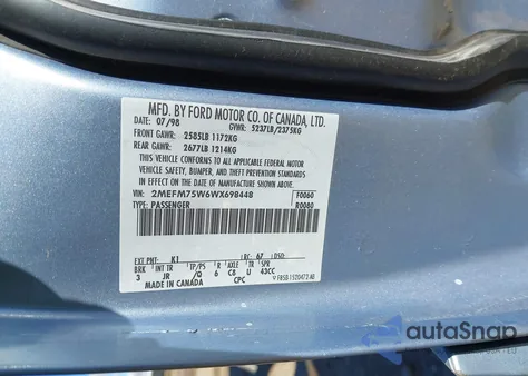 1998 Mercury Grand Marquis из США, поврежденный, VIN 2MEFM75W6WX698448